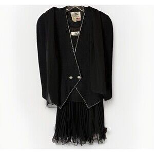 Vtg Sicari Evenings 80s 3 Pc Suit Blazer Skirt Tank Knit Rhinestone Black Glam 6